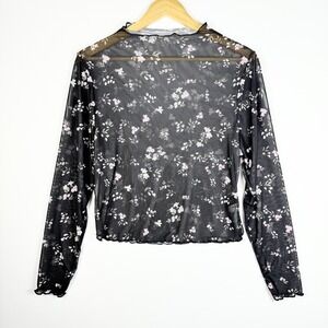 Black Floral Sheer Mesh Long Sleeve Top Layering Whimygoth Fairy Grunge Y2K XL